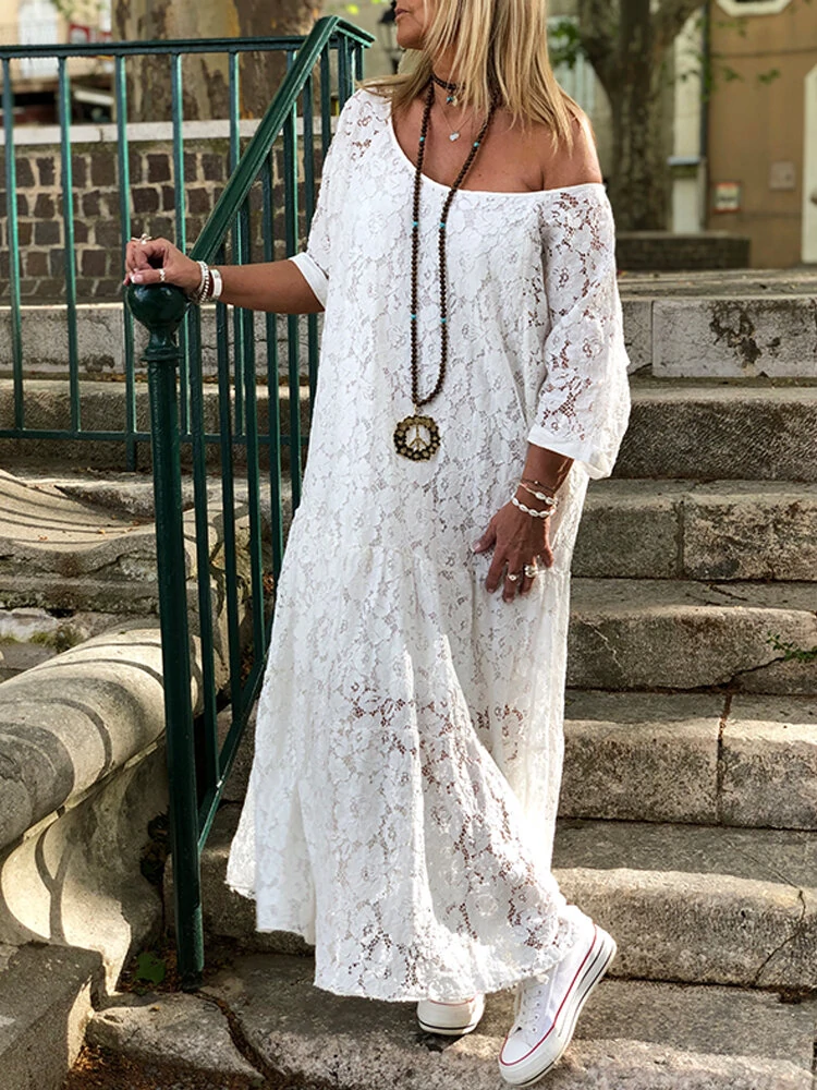 ZANZEA Plus Size Women Lace Long Dress Cold Shoulder Long Lace Croceht Hollow Out Bohemian Maxi Dress For Women (image for) ZANZEA Plus Size Women Lace Long Dress Cold Shoulder Long Lace Croceht Hollow Out Bohemian Maxi Dress For Women